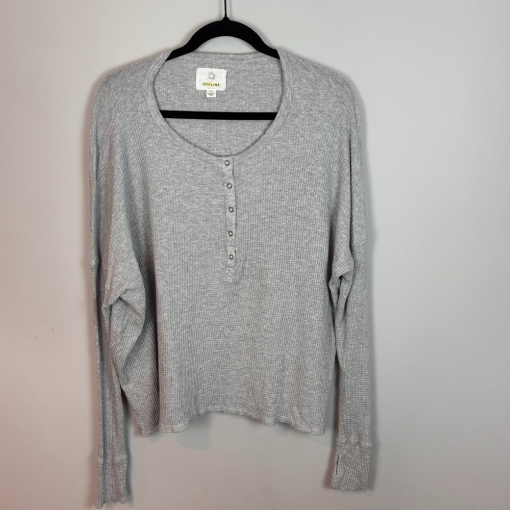 Aerie Offline Womens Grey Thermal Waffle Knit Henly Oversized Top small comfrort
